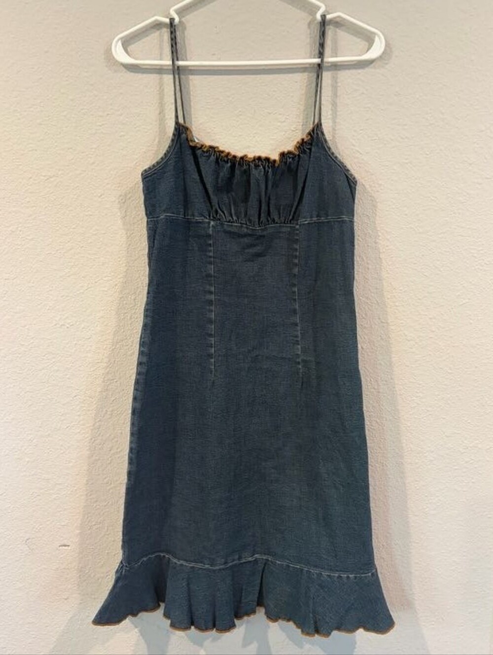 Emergency Exit Juniors Vintage Y2K Blue Denim Brown Stitch Mini Ruffle Dress 5